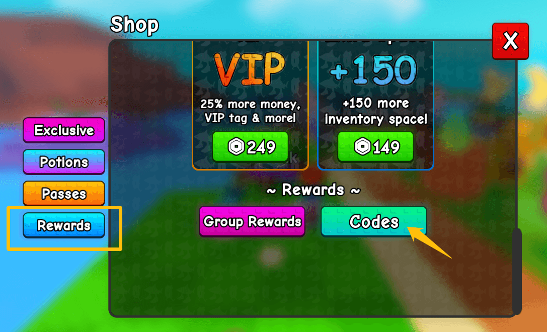 Find the codes button in game